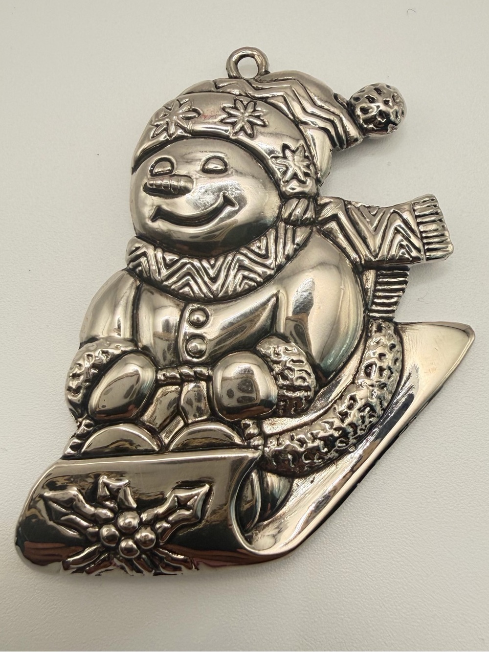 Gorham Silverplate Snowman Sledding Christmas Ornament Holiday Vintage
